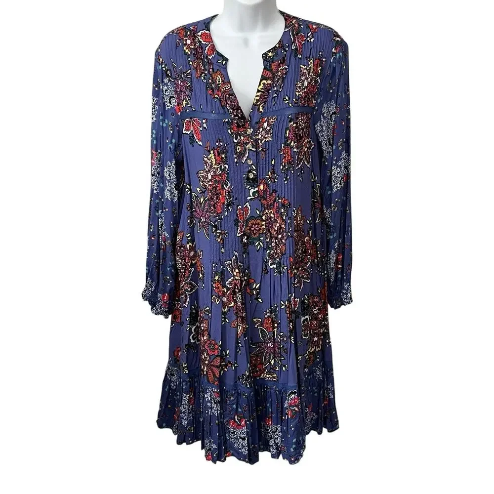 Anthropologie Diana Pintucked Tunic Dress Sz S Ruffled Hem Bubble Sleeve Floral - Picture 2 of 12